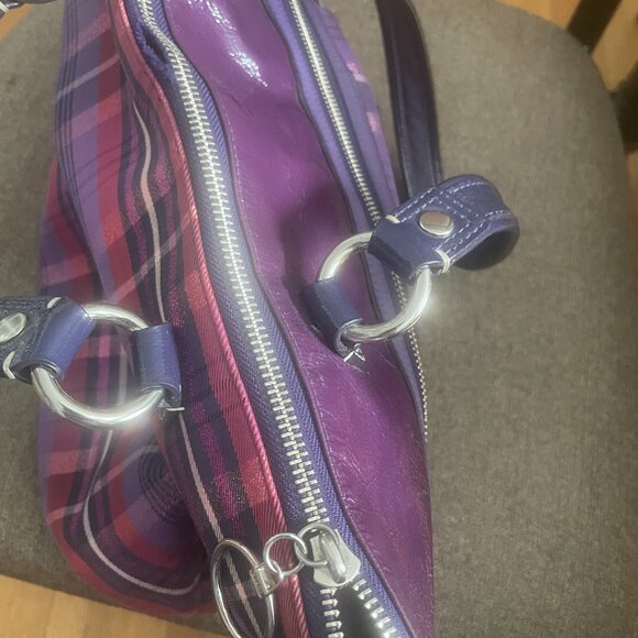 COACH Poppy Plaid Glam Tote Purple red Patent leather trim Bag - Picture 6 of 14